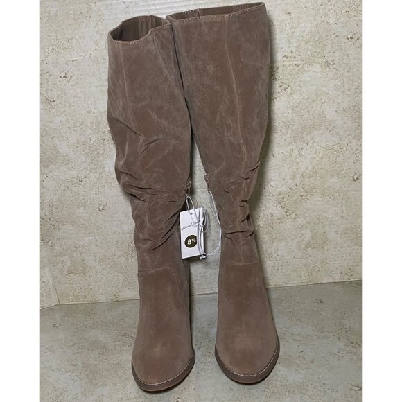 Womens Tan Faux Suede Knee-High Slouch Boots Block Heel Side Zip Boho Western - Picture 1 of 7